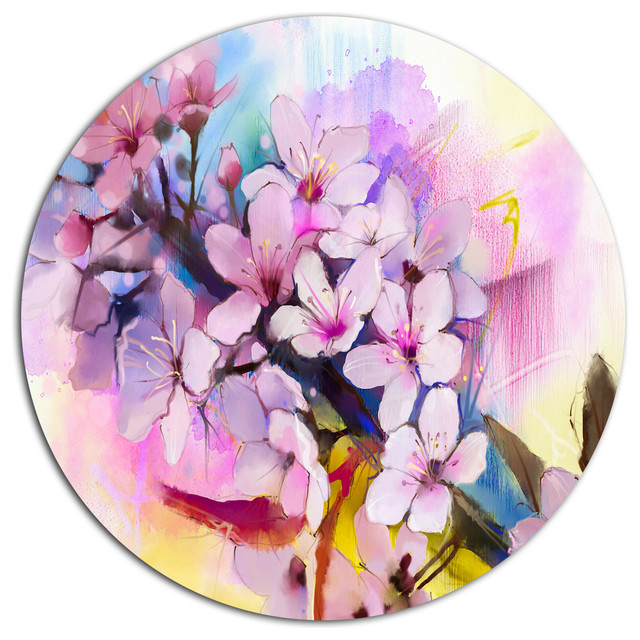 640x640 Japanese Cherry Blossoms Watercolor, Flower Round Metal Wall Art - Cherry Blossom Watercolor Art