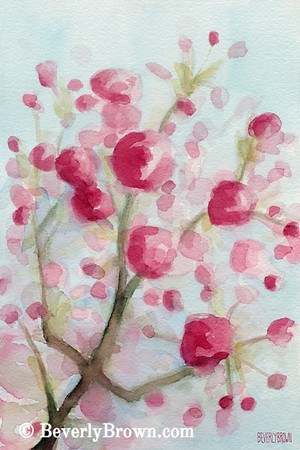 300x450 Pink Cherry Blossoms Watercolor Art Prints - Cherry Blossom Watercolor Art