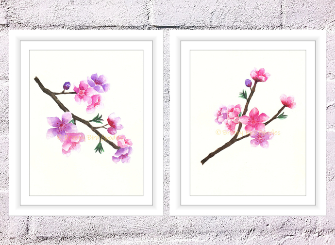 690x505 Set Of 2 Cherry Blossoms Print, By Breezy Bird Goodies On Zibbet - Cherry Blossom Watercolor Art