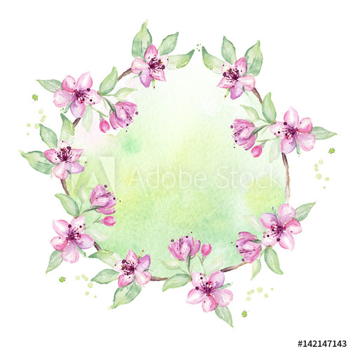 500x500 Spring Wreath. Floral Frame With Cherry Flowers, Apple Flower - Cherry Tree Watercolor
