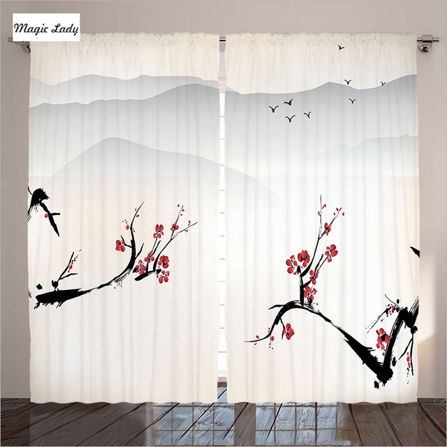 640x640 Window Curtains Treatments 2 Panels House Stylized Blooming - Cherry Tree Watercolor