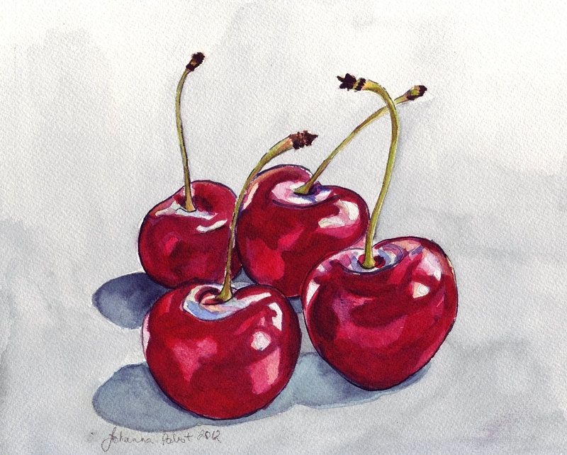 800x642 Cherry Watercolor Painting Four Red Cherries No 2 By Jojolarue - Cherry Watercolor