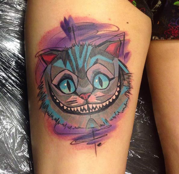 595x579 Watercolor Cheshire Cat Tattoo On Thigh - Cheshire Cat Watercolor