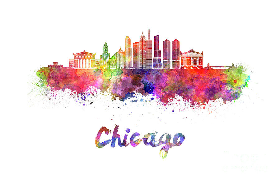 900x590 Chicago Skyline In Watercolor Painting By Pablo Romero - Chicago Skyline Watercolor