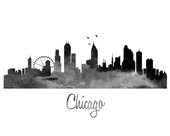570x456 Chicago Skyline Watercolor Art Print Color Amp Bw Etsy - Chicago Skyline Watercolor