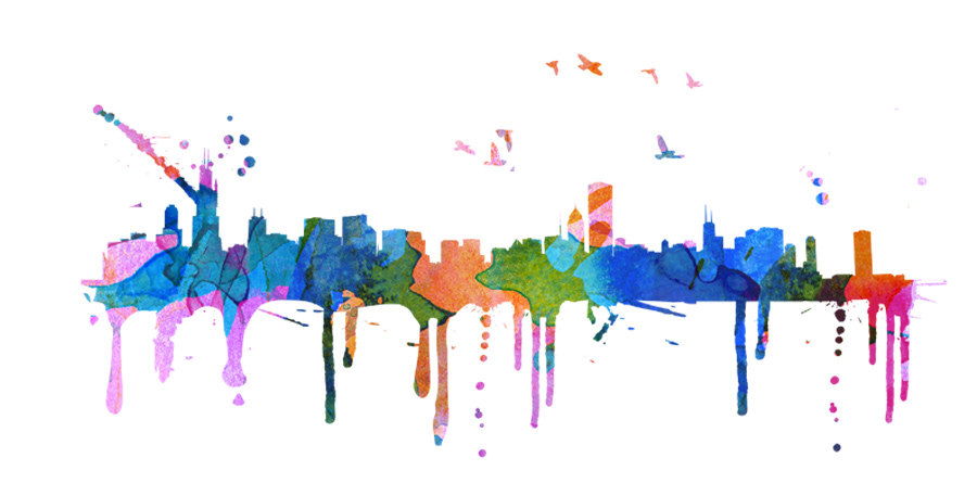 900x457 Chicago Skyline Watercolor City Decal Art Print Moonwallstickers - Chicago Skyline Watercolor