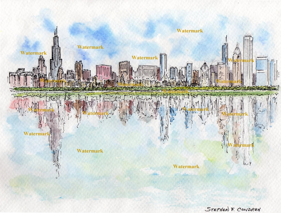 975x739 Chicago Skyline Watercolor Painting - Chicago Skyline Watercolor
