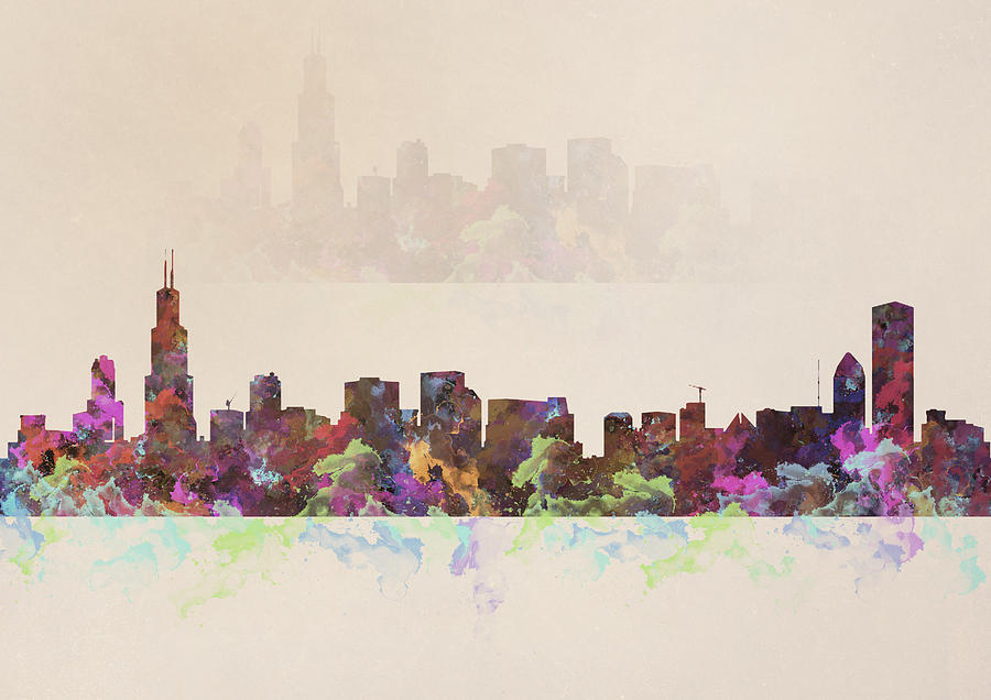 900x636 Chicago Skyline Watercolor Painting Painting By Georgeta Blanaru - Chicago Skyline Watercolor