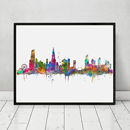 500x500 Chicago Skyline City Chicago Watercolor Art Print - Chicago Skyline Watercolor