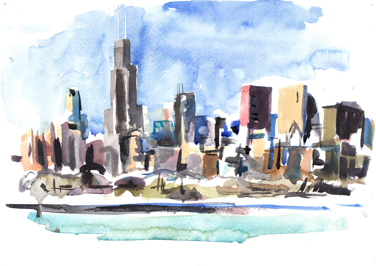742x525 Chicago Skyline - Chicago Skyline Watercolor