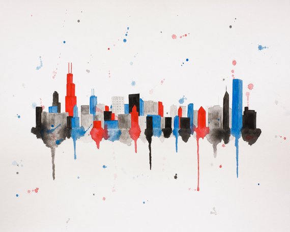570x456 Chicago Watercolor Skyline Print Chicago Print Chicago Art Etsy - Chicago Skyline Watercolor