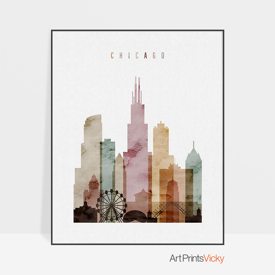 900x900 Chicago Skyline Art Print Watercolor 1 Artprintsvicky - Chicago Skyline Watercolor