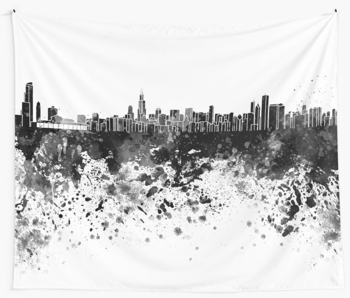 705x602 Chicago Skyline In Black Watercolor Wall Tapestries By Paulrommer - Chicago Skyline Watercolor