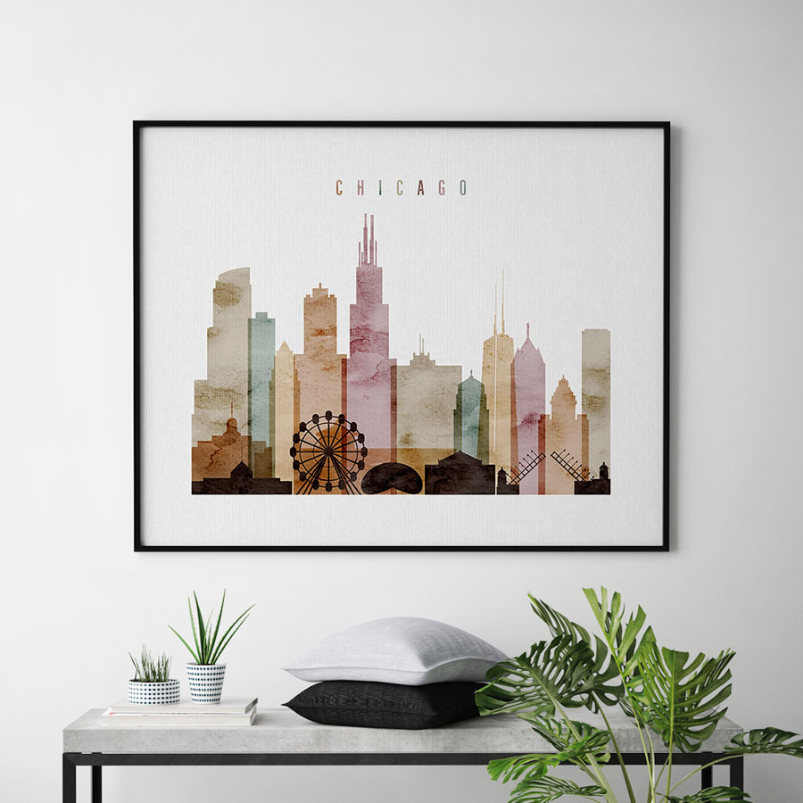 900x900 Chicago Skyline Print Watercolor 1 Landscape Artprintsvicky - Chicago Skyline Watercolor