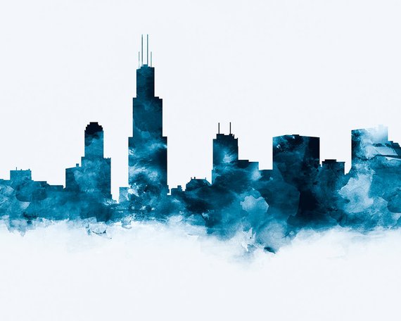 570x456 Chicago Print Chicago Skyline Watercolor Chicago Illinois Etsy - Chicago Skyline Watercolor