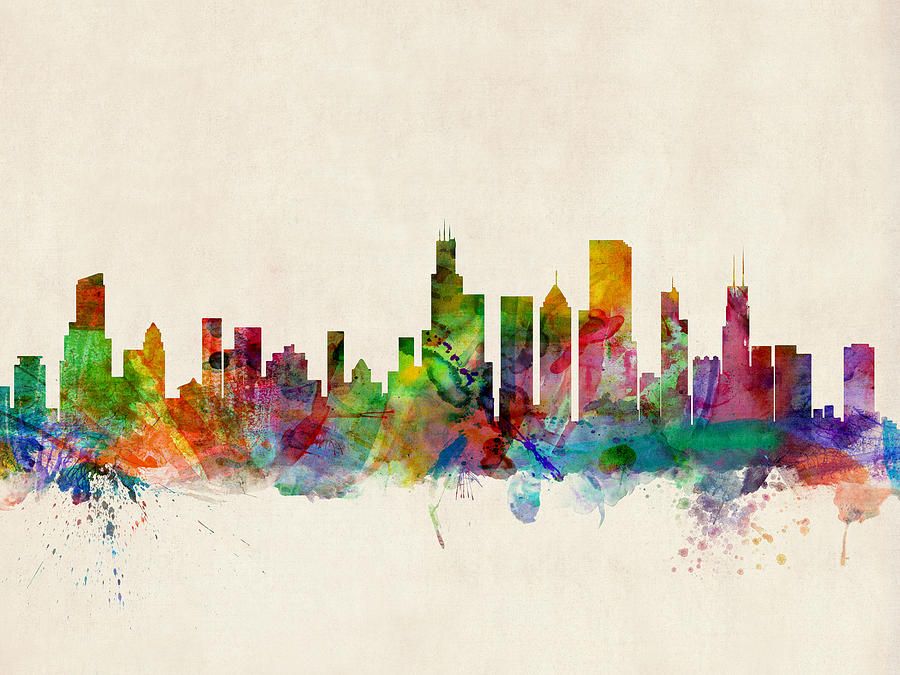 900x675 Watercolor Skyline Of Chicago Digital Art - Chicago Skyline Watercolor