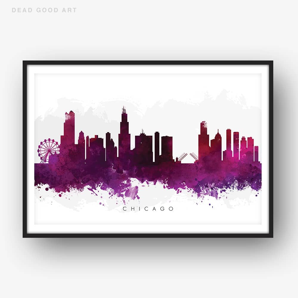 1000x1000 Chicago Skyline, Purple Watercolor Print Dead Good Art - Chicago Skyline Watercolor