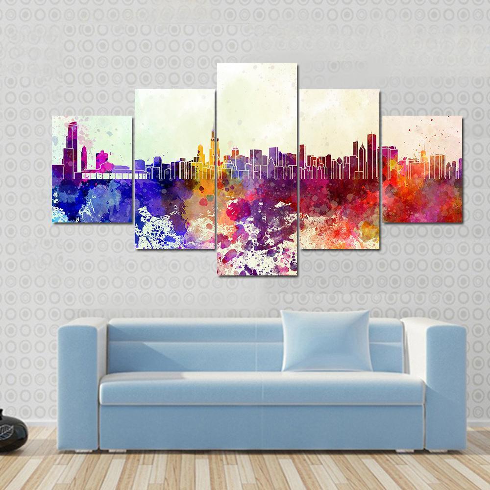 1000x1000 Chicago Skyline In Watercolor Multi Panel Canvas Wall Art - Chicago Skyline Watercolor
