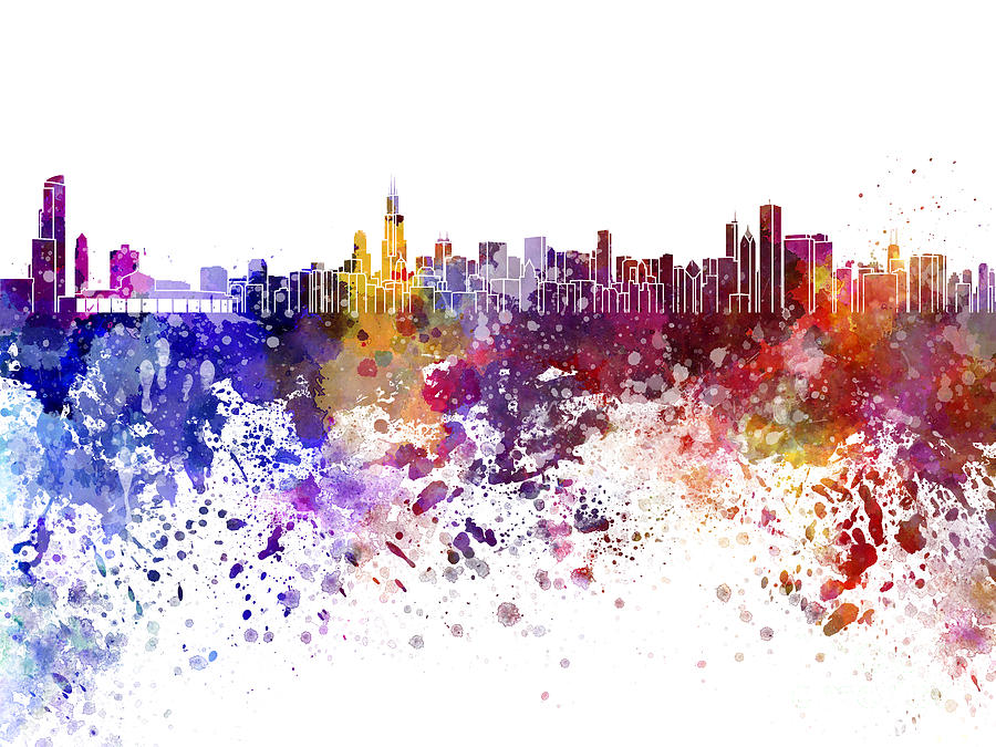 900x675 Chicago Skyline In Watercolor On White Background Painting By - Chicago Skyline Watercolor