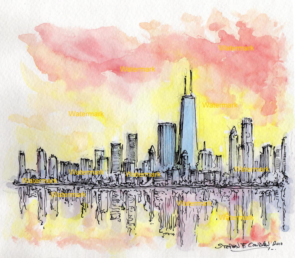 975x854 Chicago Skyline Watercolor Sunset Painting - Chicago Watercolor