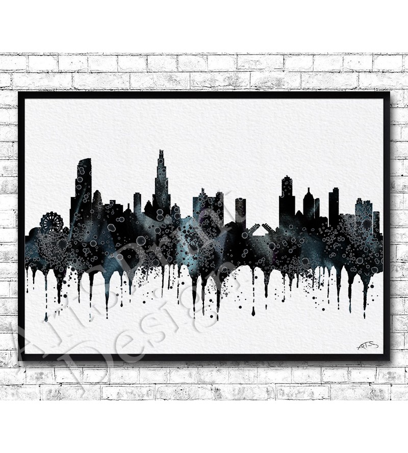 800x888 Chicago Watercolor Print Black - Chicago Watercolor