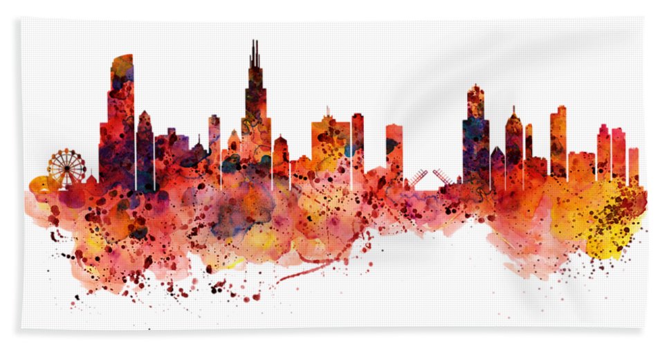 967x500 Chicago Watercolor Skyline Beach Sheet For Sale By Marian Voicu - Chicago Watercolor
