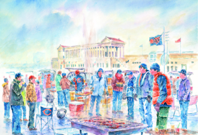 640x438 Chicago Bears Amp Soldier Field Tailgating Watercolor Print - Chicago Watercolor