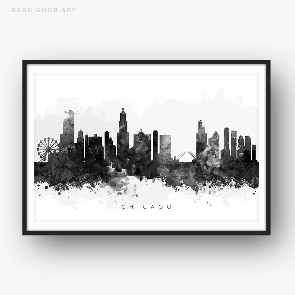1000x1000 Chicago Skyline, Black Amp White Watercolor Print Dead Good Art - Chicago Watercolor