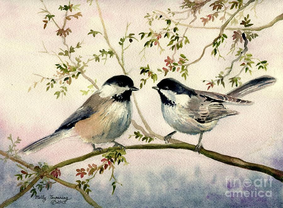 900x662 Chickadee Love Painting By Melly Terpening - Chickadee Watercolor Painting