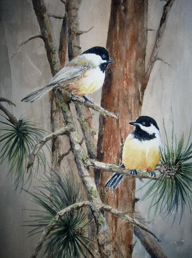 672x900 Chickadee Pair Painting By Marilyn Clement - Chickadee Watercolor Painting