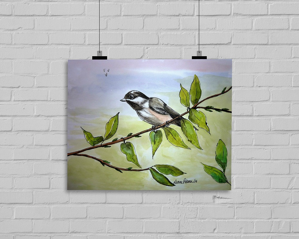1000x800 Birds, Chickadee Ink And Watercolor Painting - Chickadee Watercolor Painting