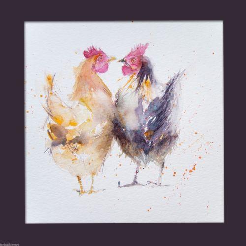 500x500 Hello Hen 2 Hens Watercolour Print - Chicken Watercolor Paintings
