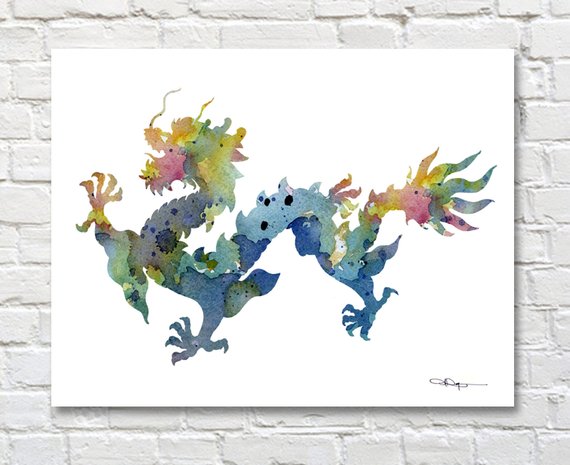570x465 Chinese Dragon Art Print Abstract Watercolor Painting Wall Etsy - Chinese Dragon Watercolor