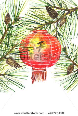 318x470 Chinese Lantern, Lamp, Bay. Pine Branch. Asian Style. Watercolor - Chinese New Year Watercolor