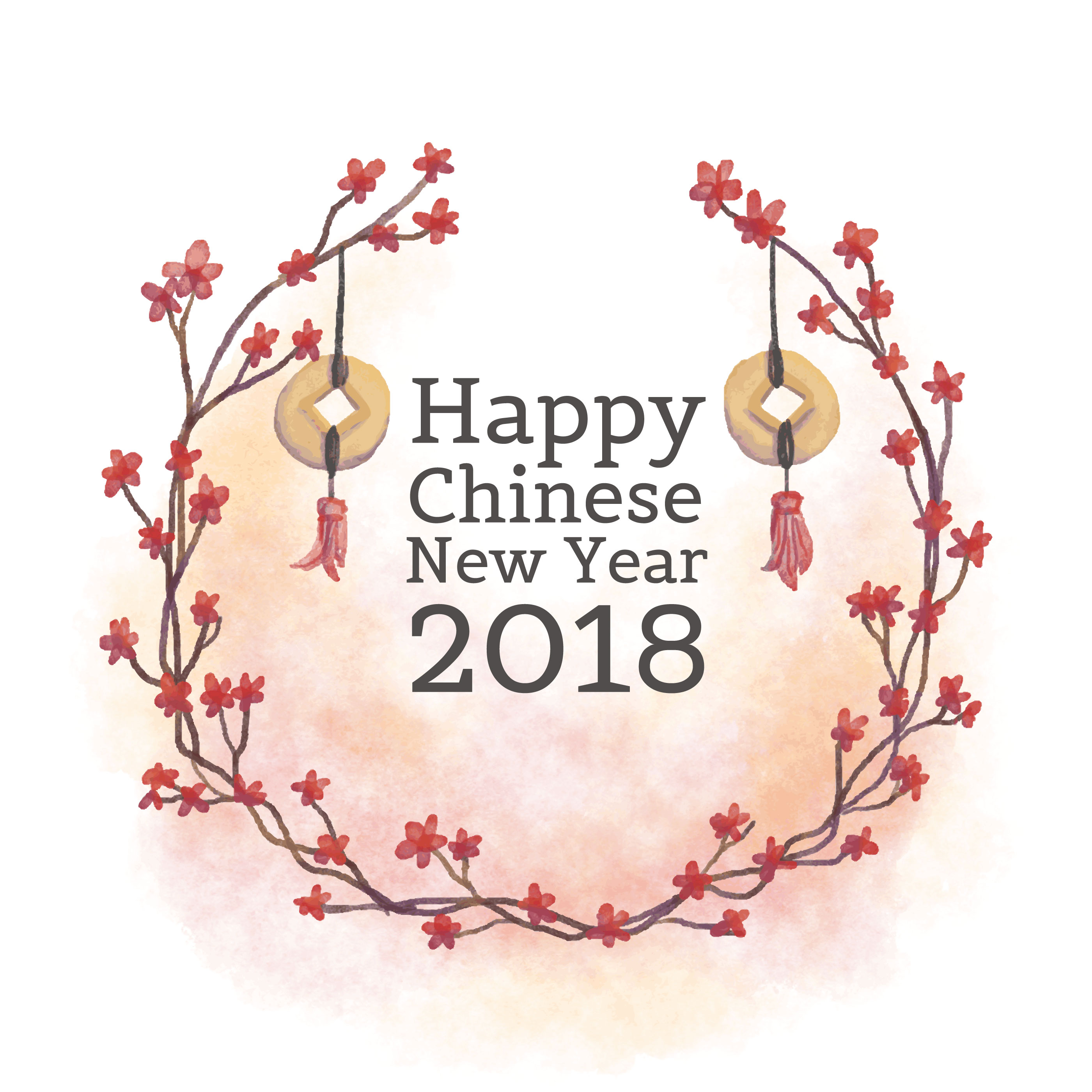 2800x2800 Cute Leaves And Red Flowers With Chinese Coins To Chinese Year - Chinese New Year Watercolor