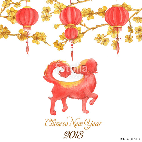 500x500 Hand Drawn Watercolor Illustration Of The Fiery Dog And Chinese - Chinese New Year Watercolor