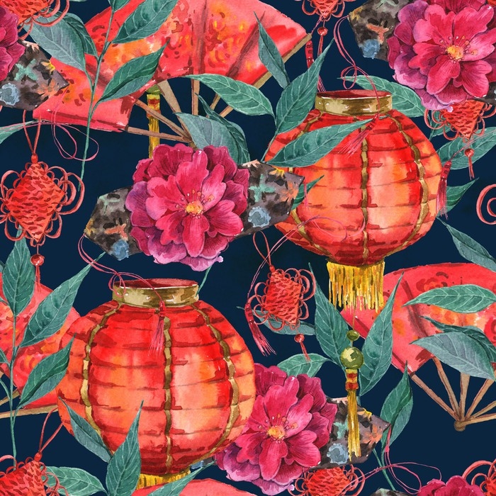 700x700 Seamless Watercolor Chinese New Year Background Wall Mural - Chinese New Year Watercolor
