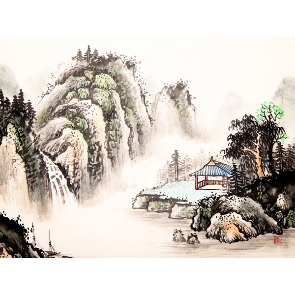 600x600 Chinese Watercolor Landscape In A Misty Mountain On Canvas - Chinese Watercolor