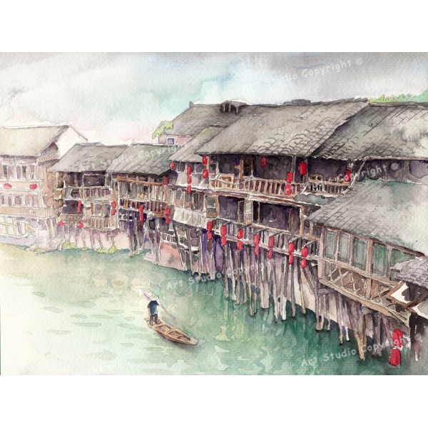600x600 Watertown In China And Fisherman Chinese Watercolor Art On Canvas - Chinese Watercolor