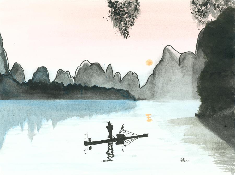 900x672 Chinese Fisherman Painting By Kiana Gonzalez - Chinese Watercolor