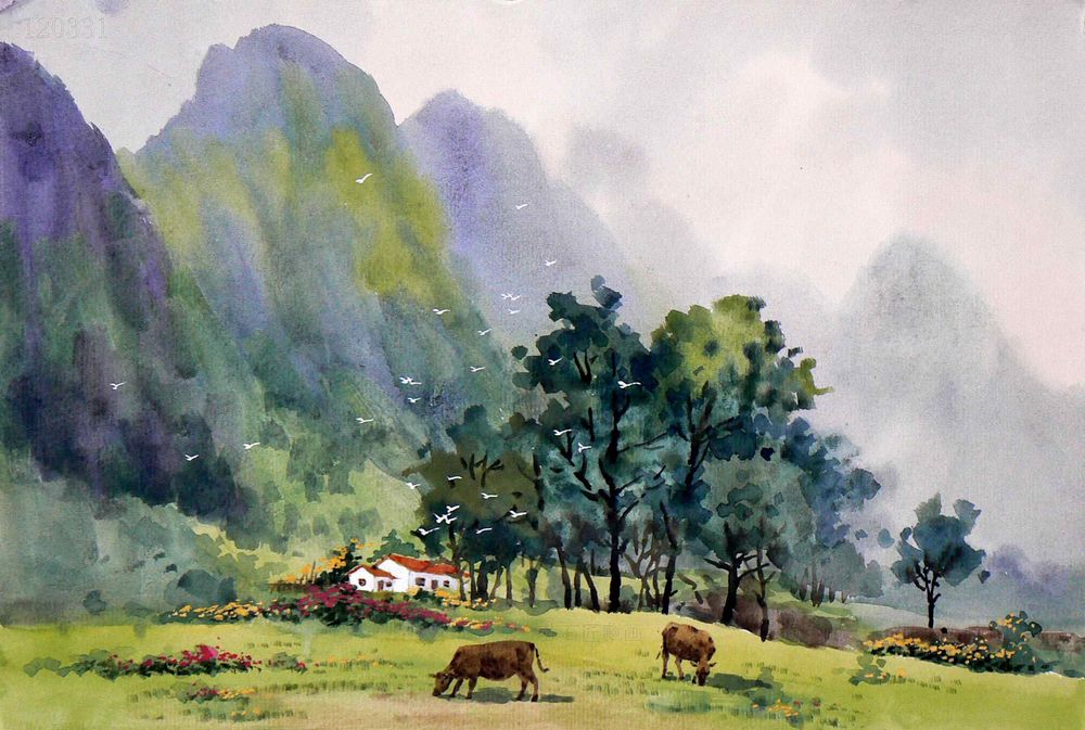 1000x673 Chinese Painting Mountains, Trees, Watercolor - Chinese Watercolor Landscape
