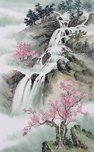 327x525 Chinese Waterfall And Mountain Landscapes Painted By - Chinese Watercolor Landscape