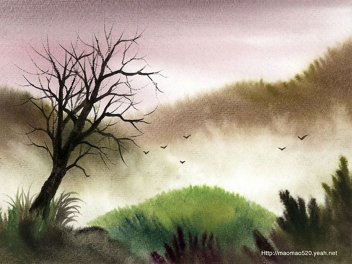 700x525 Peaceful Rural Scene - Chinese Watercolor Landscape