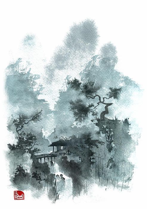 493x700 Another Little Chinese Landscape Inspired Watercolor My Art - Chinese Watercolor Landscape