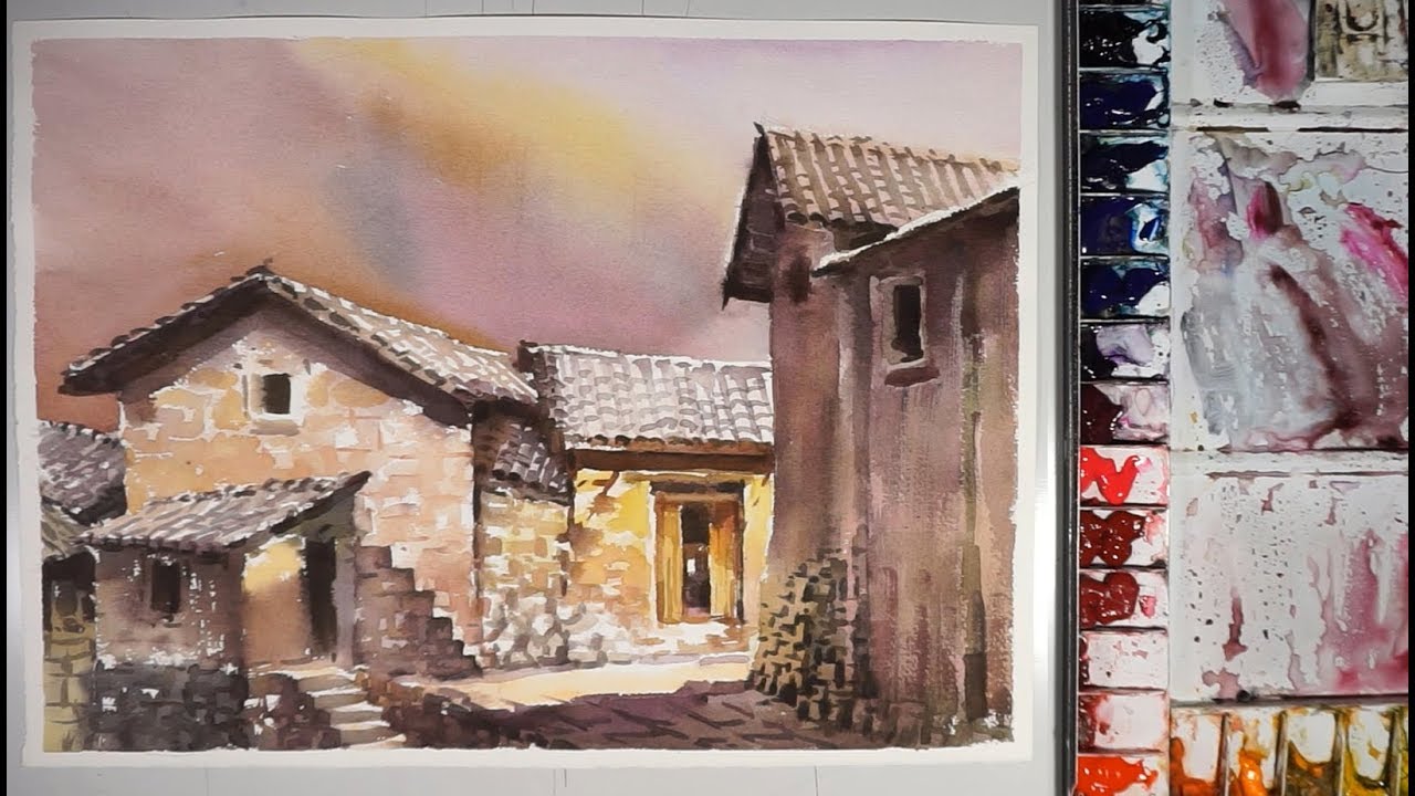 1280x720 Chinese Old Village - Chinese Watercolor Landscape Paintings