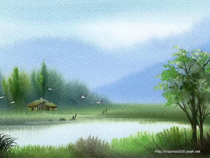 700x525 Peaceful Rural Scene - Chinese Watercolor Landscape Paintings