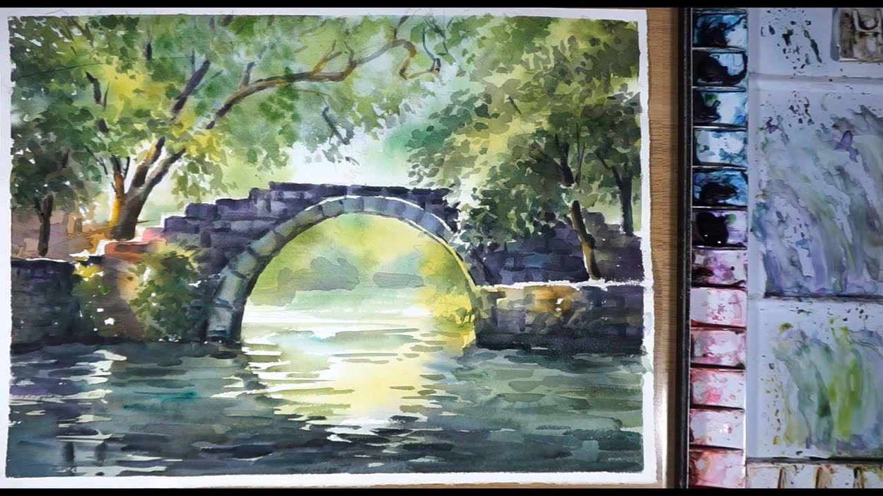 1280x720 Watercolor Landscape Painting A Chinese Stone Bridge - Chinese Watercolor Landscape Paintings
