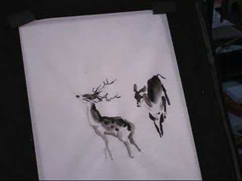 480x360 Painting Deer In Ink And Watercolor With Chinese Brush On Rice - Chinese Watercolor Paper