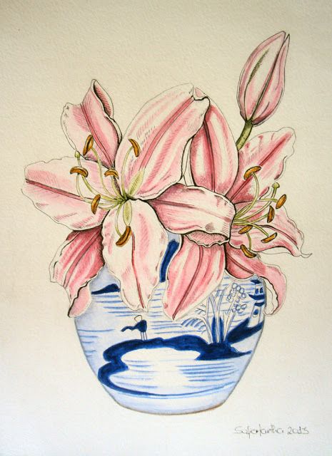 465x640 Pink Lilies In A Blue And White Chinese Jar. Watercolour And Ink - Chinese White Watercolor
