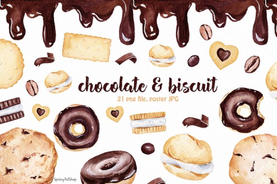 570x379 Chocolate Amp Biscuits Watercolor Clipart Watercolor Food Etsy - Chocolate Watercolor